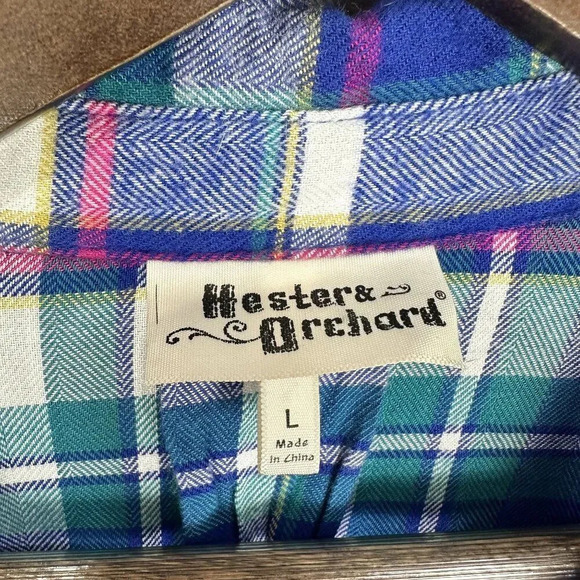 Hester & orchard top womens large blue plaid flannel button up outdoors casual l - Picture 2 of 7